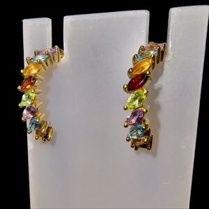 Multi Gemstone & 18K Gold Vermeil Sterling Silver Half Hoop Earrings Brand New